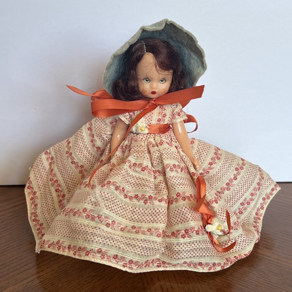 Nancy Ann Storybook Brunette Orange White Dress Blue Hat 5.5 Inch Hard Plastic
